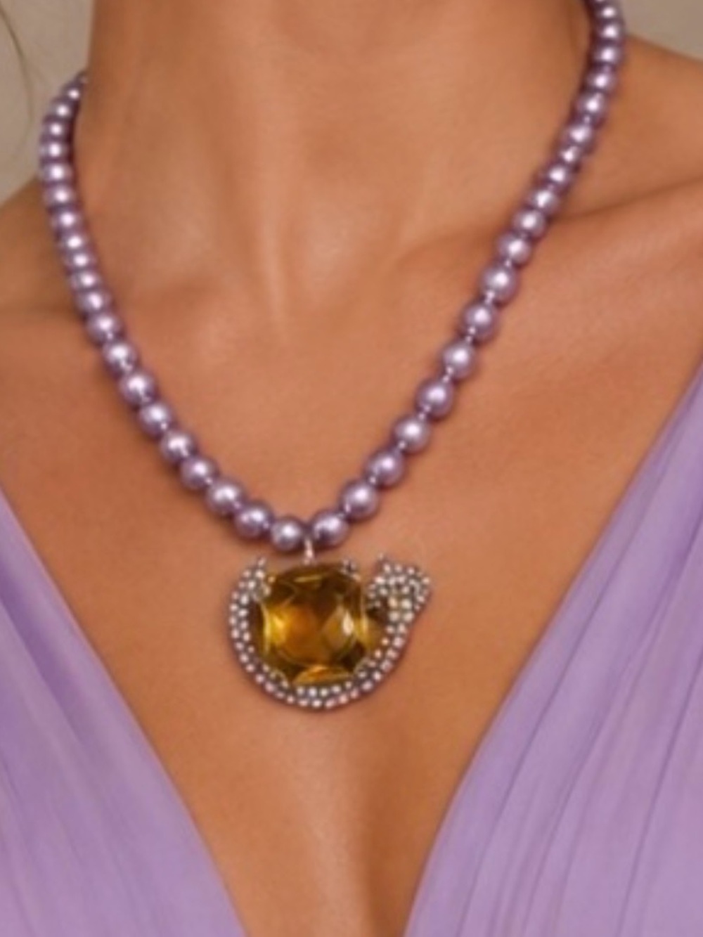 Reimagined Vintage Amber Glass AB Rhinestone Pearl Necklace & Earrings Set